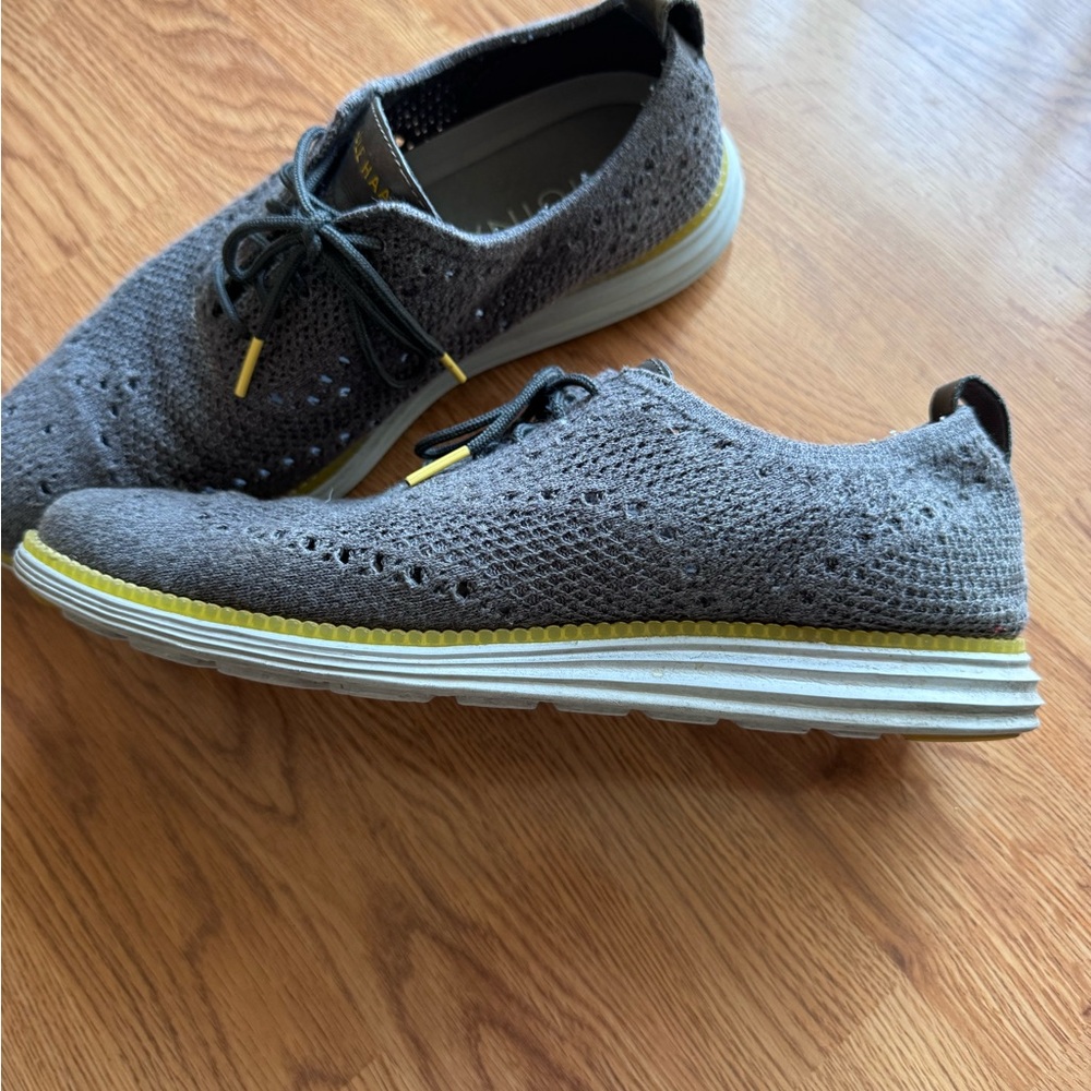 Cole Haan Gray Knit Slip-On Loafers with Yellow Trim